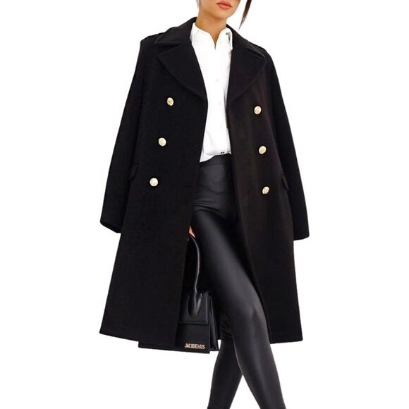 Women's Black Double-Breasted Wool Blend Winter Jacket Warm Long Trench Coat - Picture 4 of 7